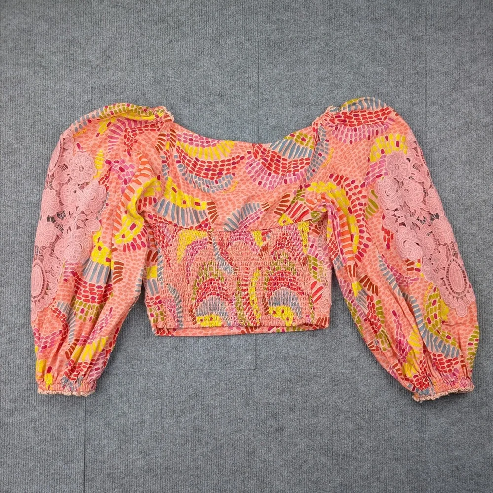 Farm Rio Dotted Bananas Blouse Womens Small Coastal Resort Boho Embroidered Lace